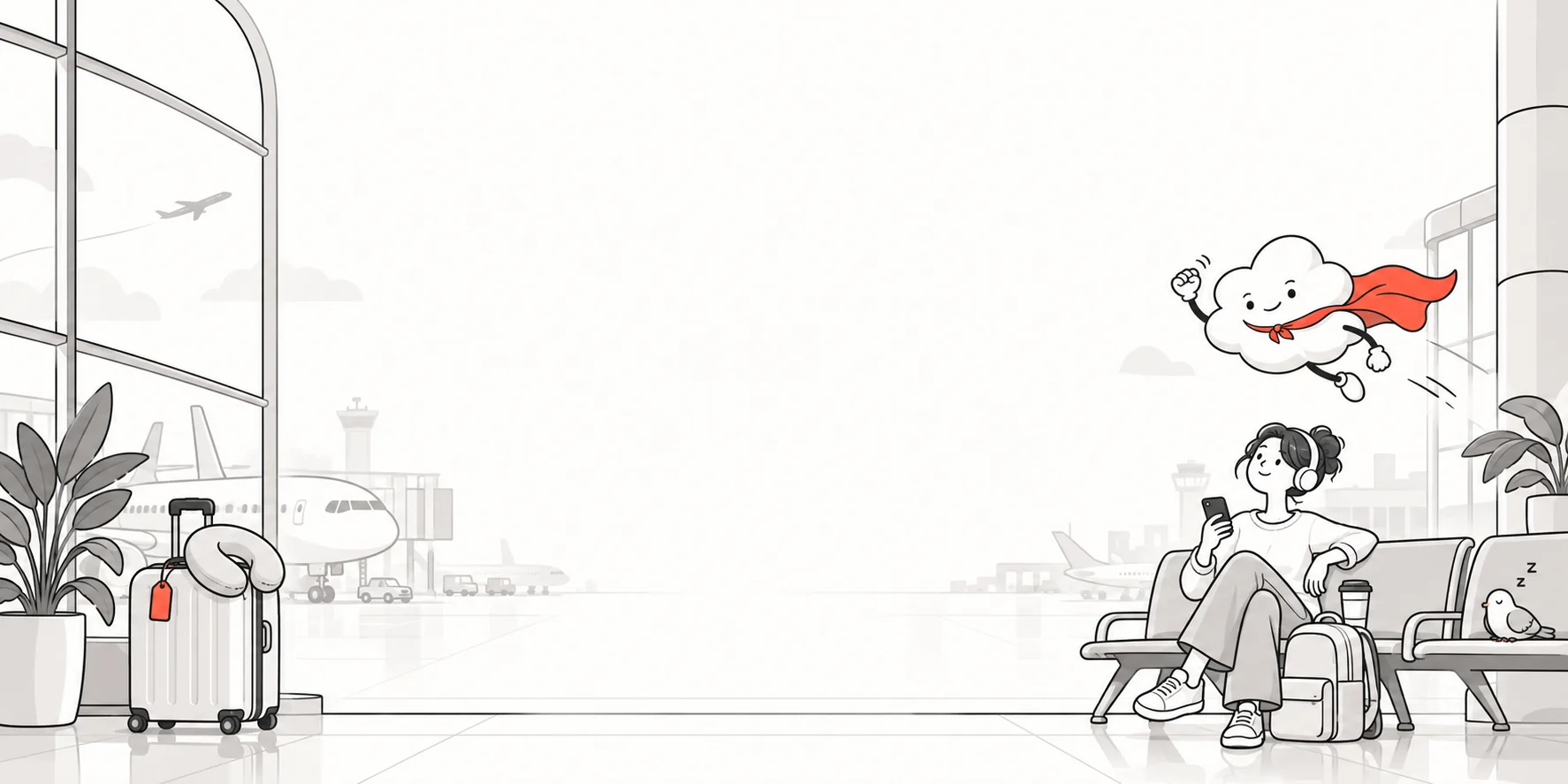 An airy airport lounge with luggage on the left and a traveller and cloud hero on the right.