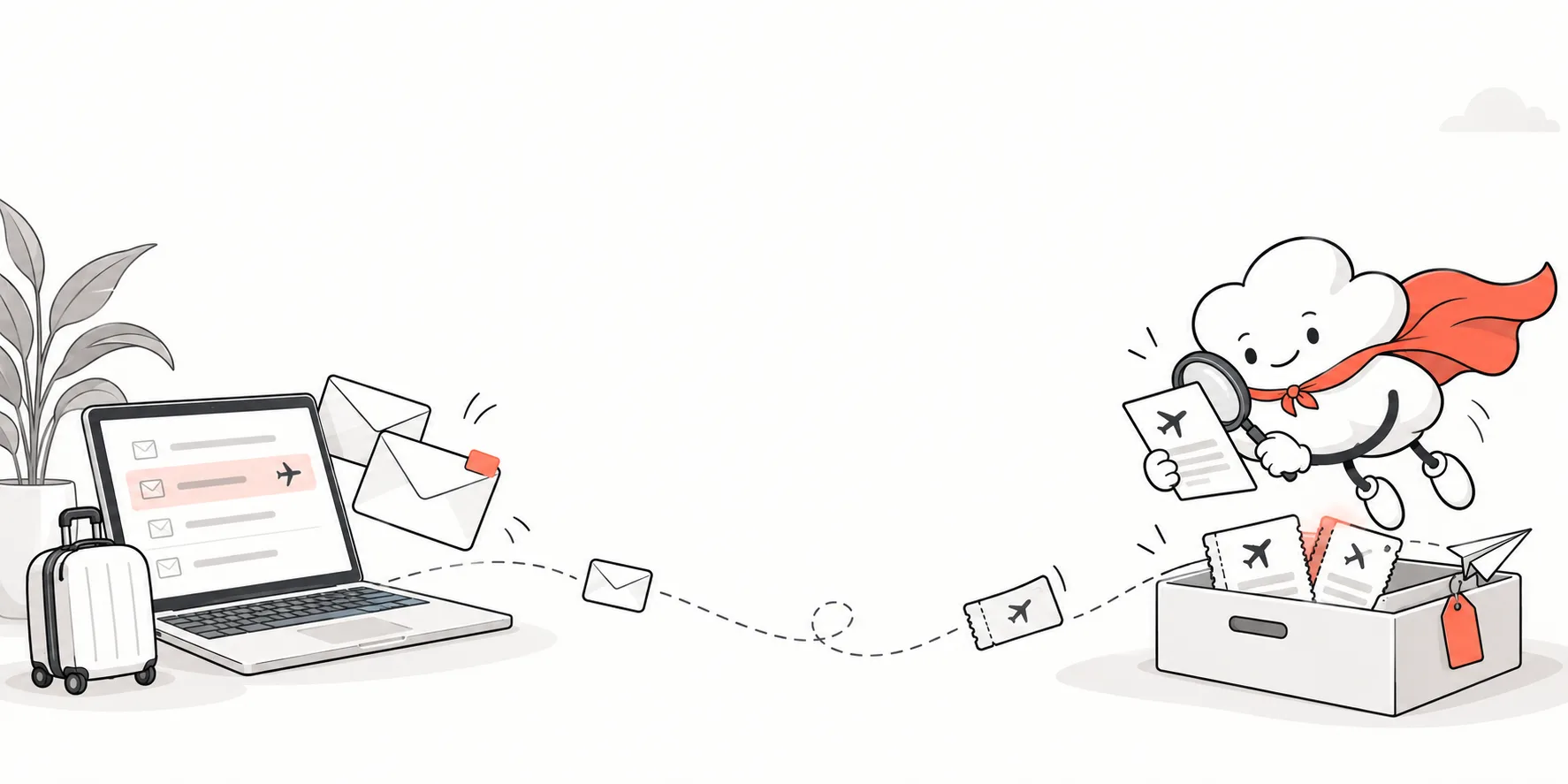 Booking emails fly from a laptop inbox along a dotted path and become boarding passes in a box, where the cloud hero checks one with a magnifier.