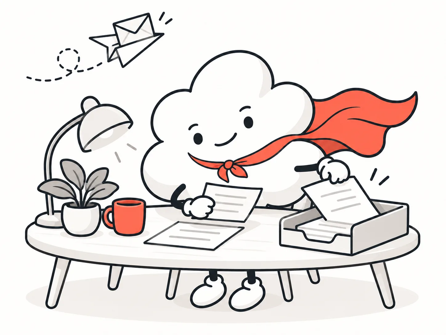 The cloud hero at a desk, reading a letter and sending another as a paper plane.