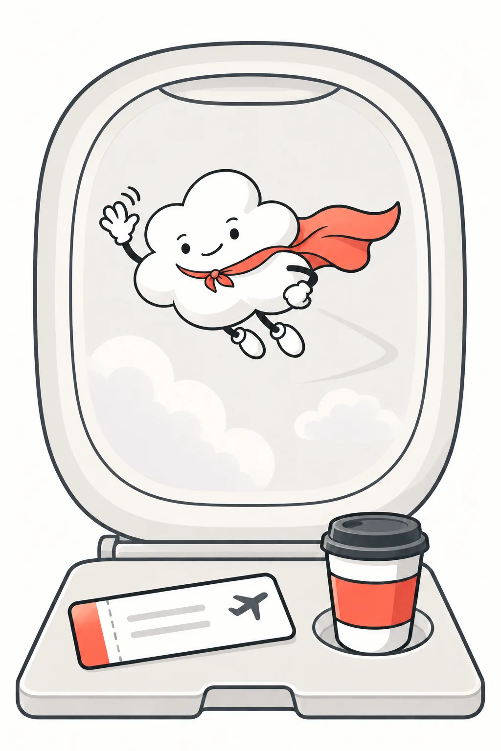 The cloud hero waves outside an aeroplane window; a boarding pass and a coffee sit on the tray table.