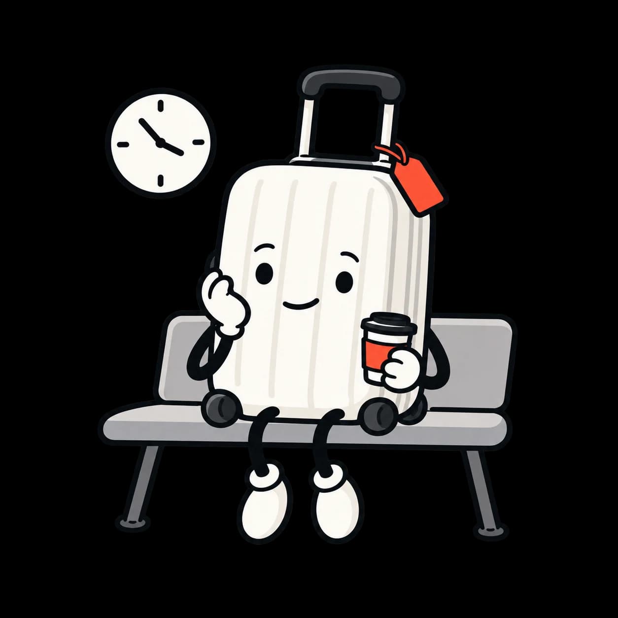 A smiling suitcase waits on an airport bench with a coffee beside a clock.